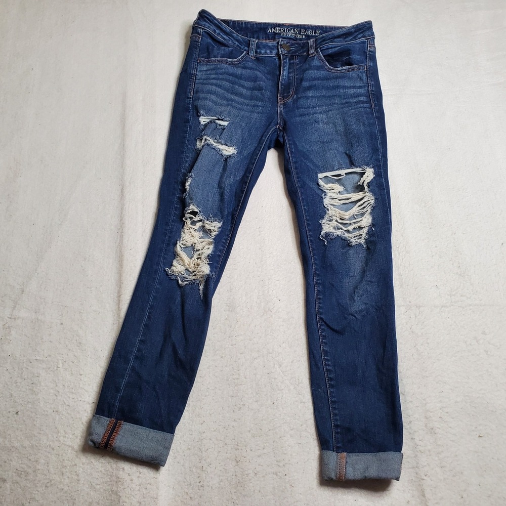 American Eagle Women Jegging Dark Blue Distressed Super Stretch X Size 8